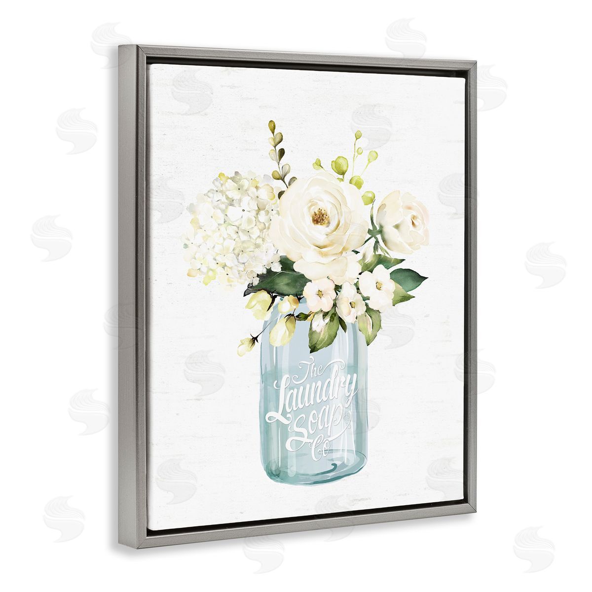 Lettered and Lined White Floral Bouquet Vintage Laundry Text Jar Gray Floating Frame Canvas Wall Art Print