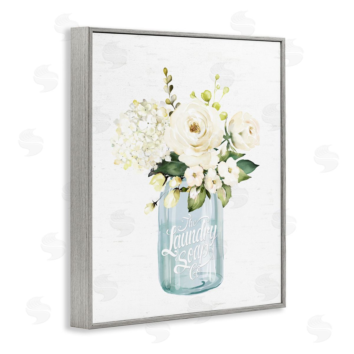 Lettered and Lined White Floral Bouquet Vintage Laundry Text Jar Gray Framed Giclee Wall Art Print