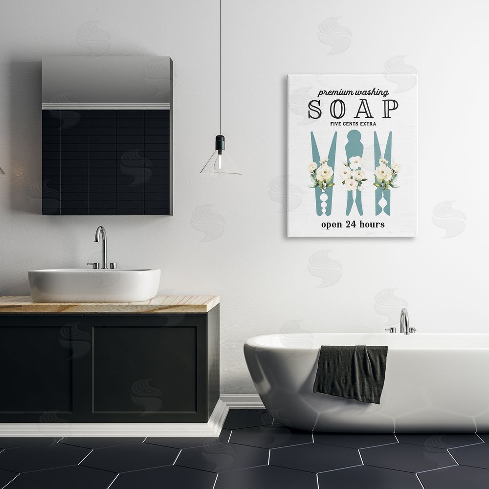 Lettered and Lined Premium Soap Laundry Sign Vintage Floral Clothespins Canvas Wall Art Print in Room