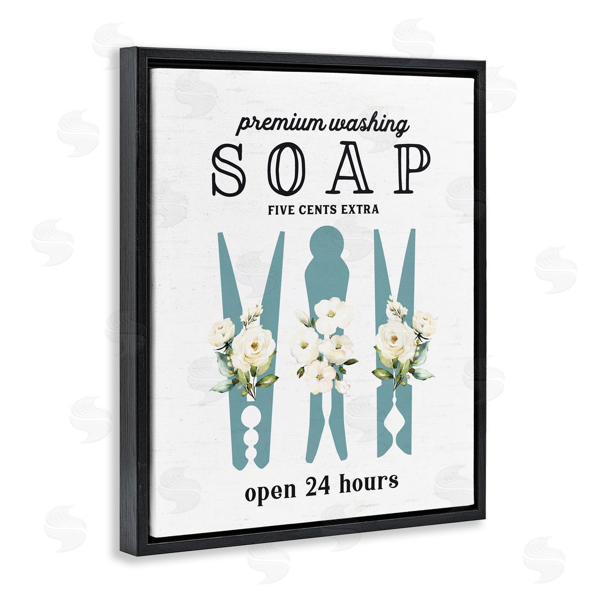 Lettered and Lined Premium Soap Laundry Sign Vintage Floral Clothespins Black Floating Frame Canvas Wall Art Print
