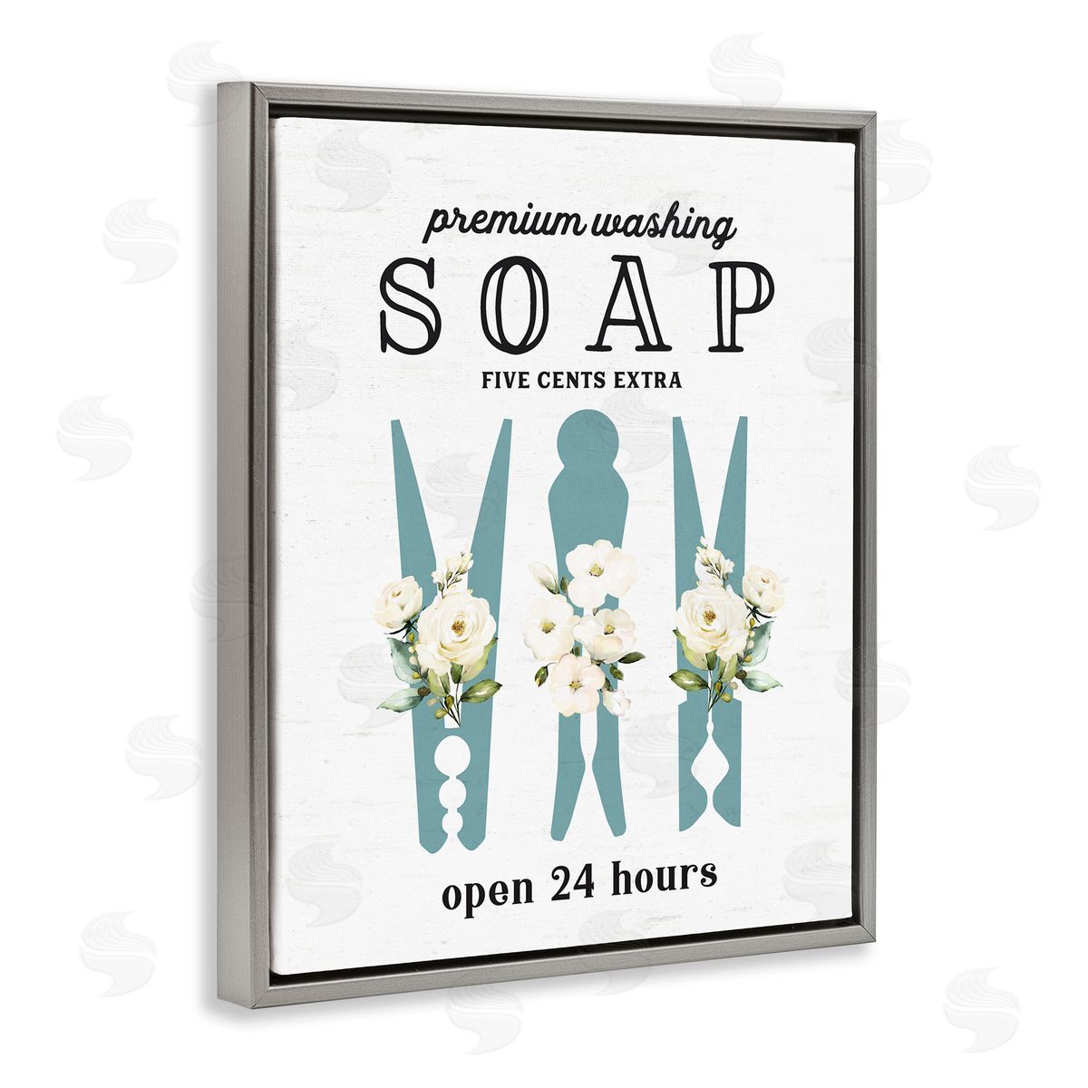 Lettered and Lined Premium Soap Laundry Sign Vintage Floral Clothespins Gray Floating Frame Canvas Wall Art Print