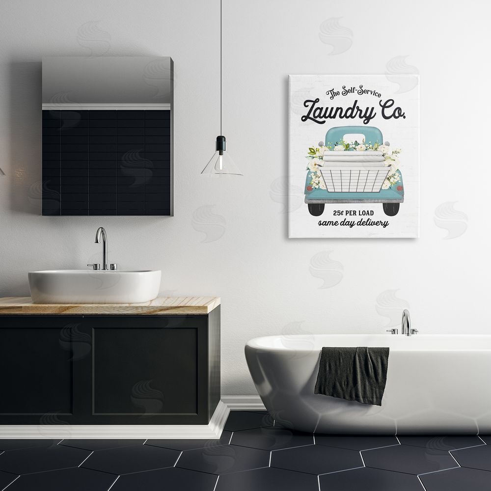 Lettered and Lined Self Service Laundry Co. Antique Truck Flower Arrangement  Canvas Wall Art Print in Room