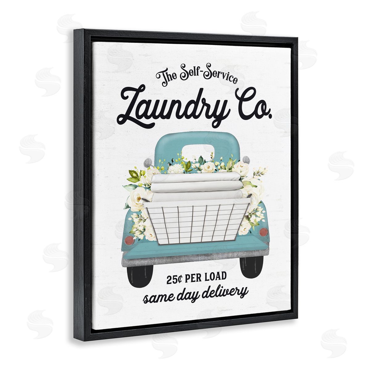 Lettered and Lined Self Service Laundry Co. Antique Truck Flower Arrangement  Black Floating Frame Canvas Wall Art Print