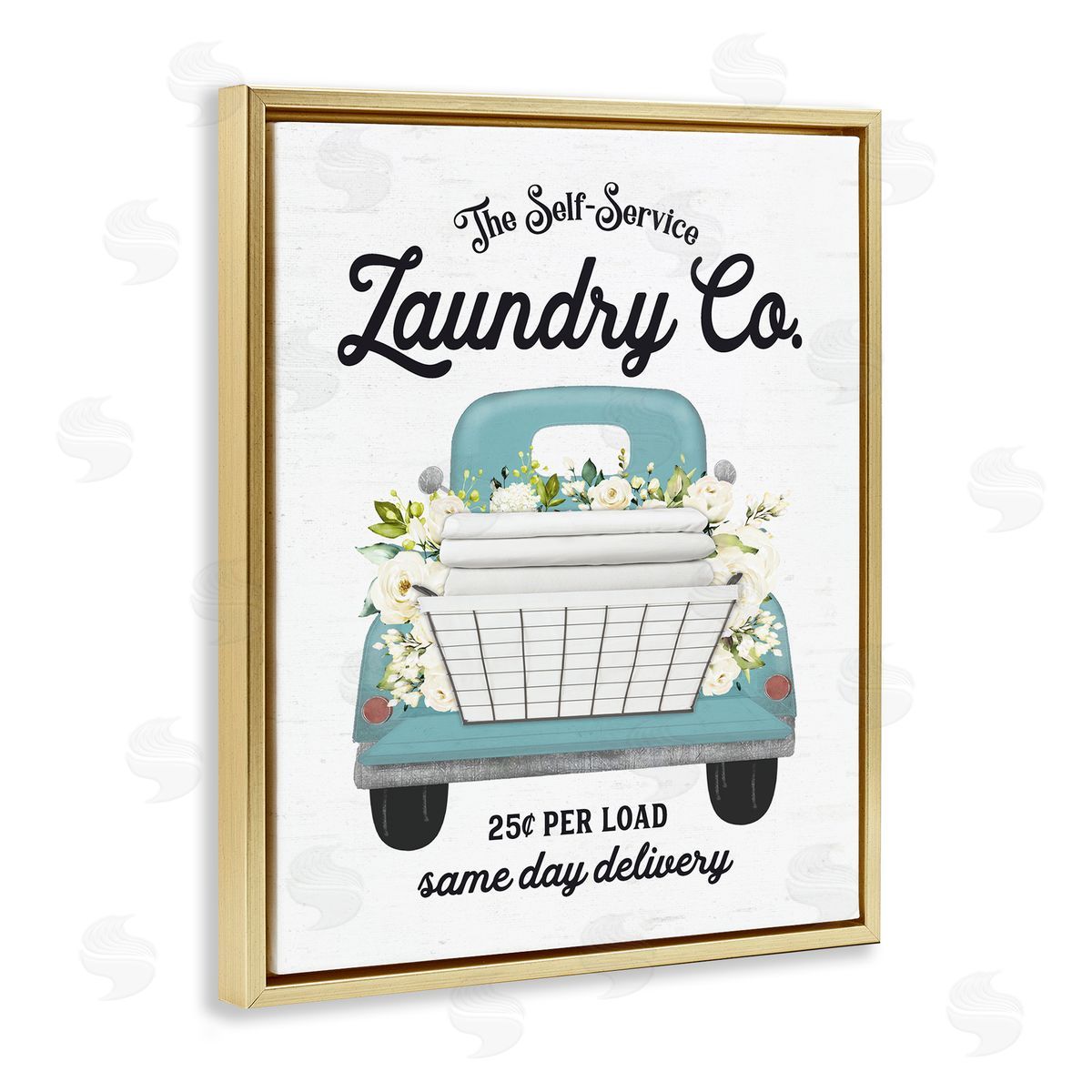 Lettered and Lined Self Service Laundry Co. Antique Truck Flower Arrangement  Gold Floating Frame Canvas Wall Art Print