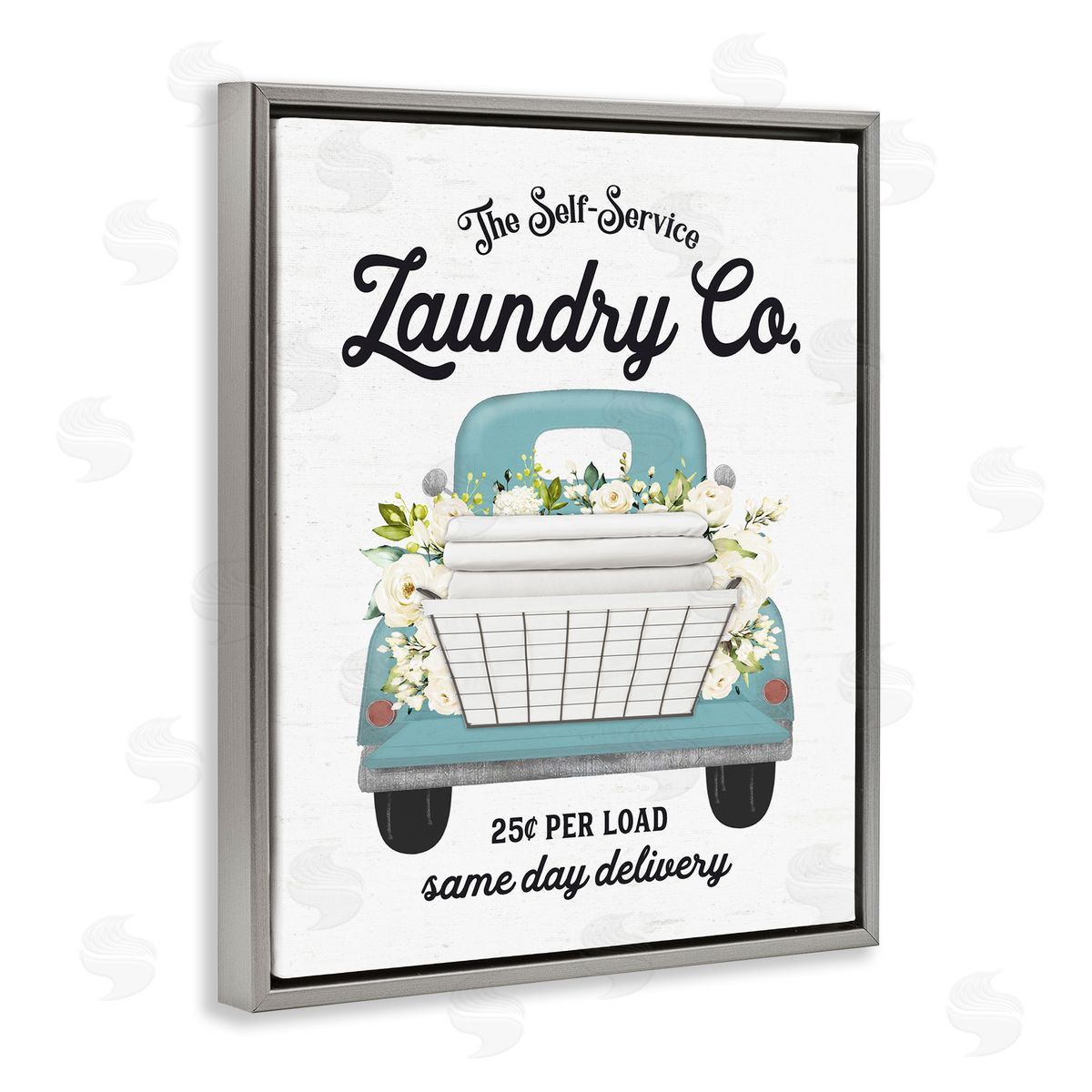 Lettered and Lined Self Service Laundry Co. Antique Truck Flower Arrangement  Gray Floating Frame Canvas Wall Art Print