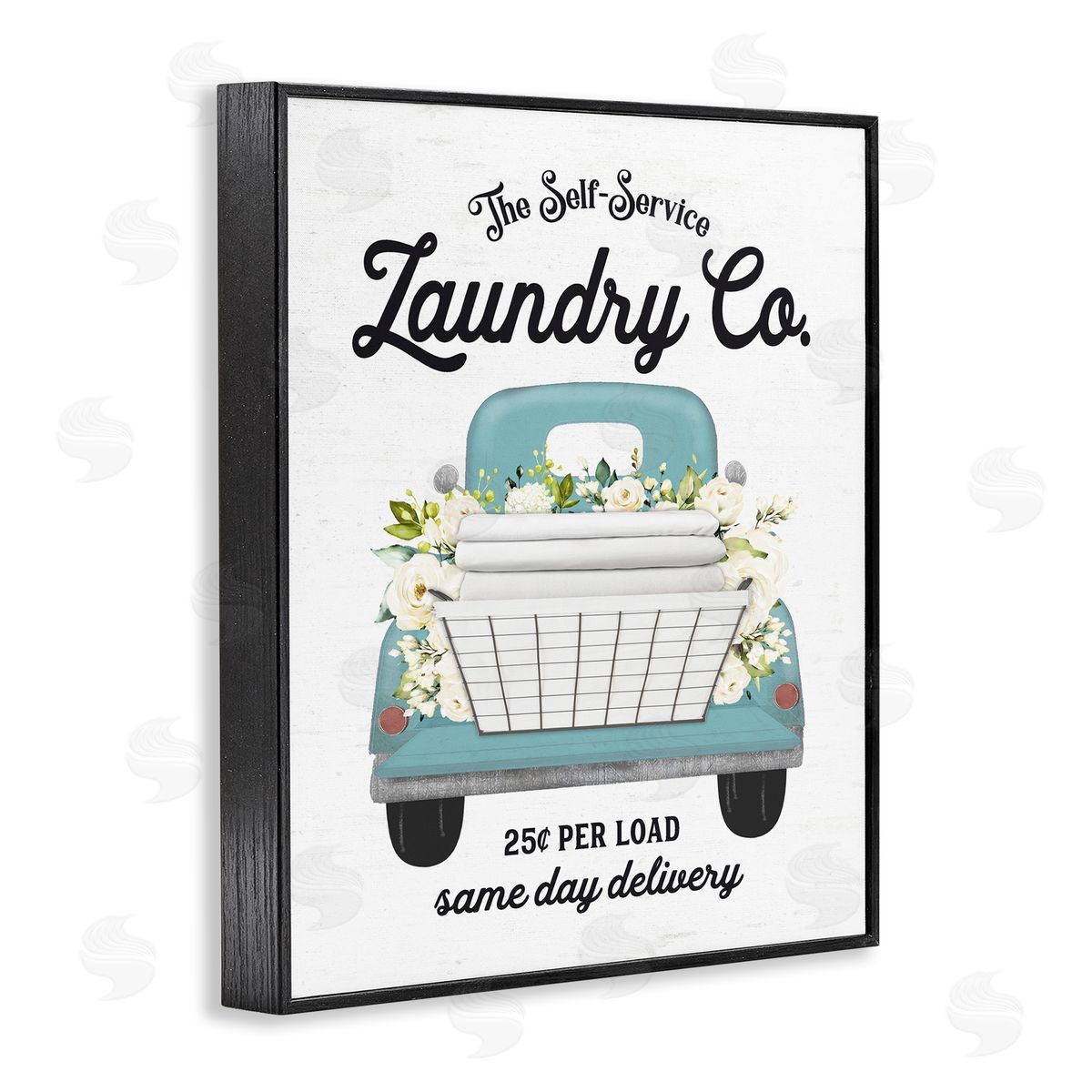 Lettered and Lined Self Service Laundry Co. Antique Truck Flower Arrangement  Black Framed Giclee Wall Art Print