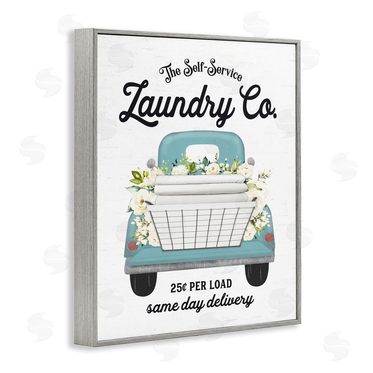Lettered and Lined Self Service Laundry Co. Antique Truck Flower Arrangement  Gray Framed Giclee Wall Art Print