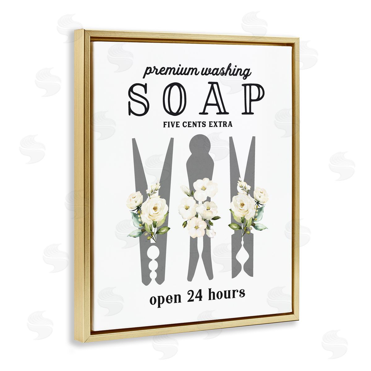 Lettered and Lined Floral Clothespin Silhouette Vintage Script Soap Signage Gold Floating Frame Canvas Wall Art Print