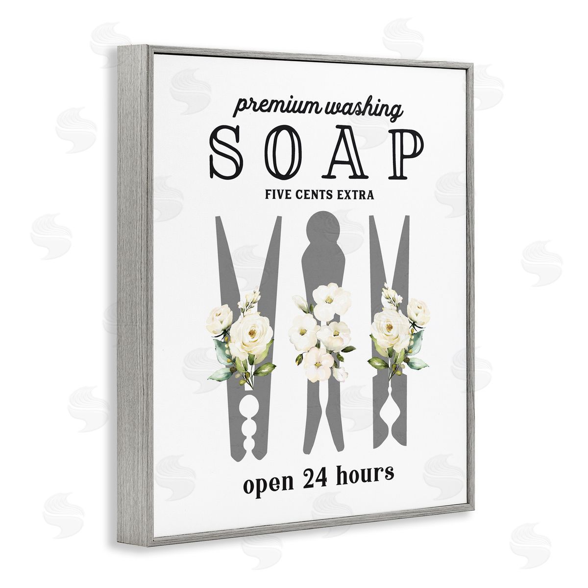 Lettered and Lined Floral Clothespin Silhouette Vintage Script Soap Signage Gray Framed Giclee Wall Art Print