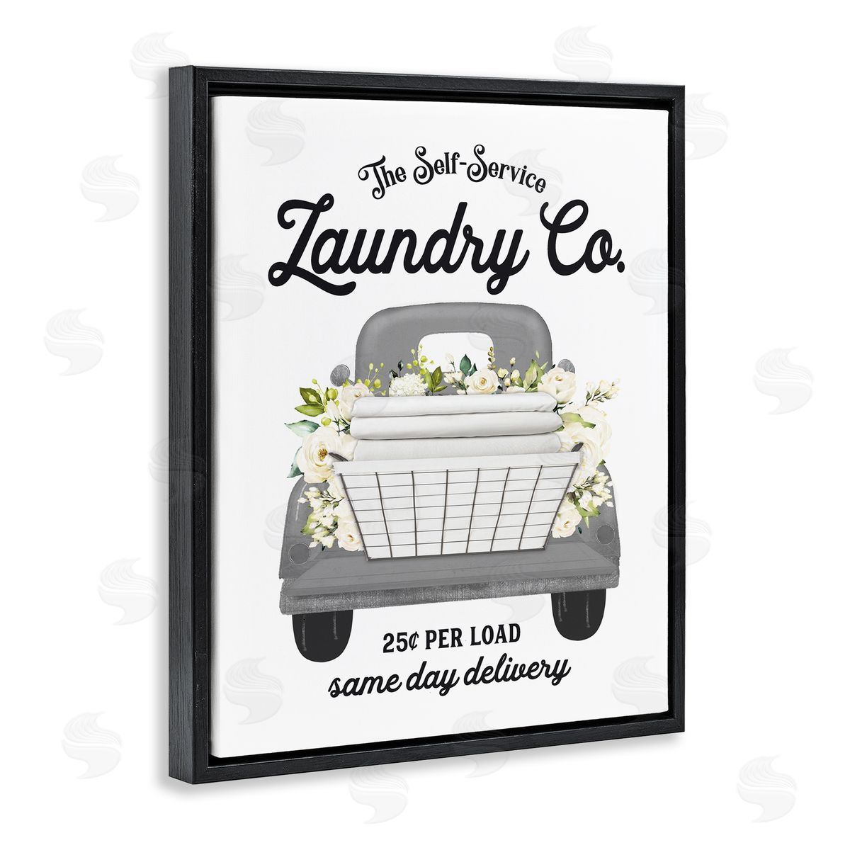 Lettered and Lined Antique Laundry Service Truck White Floral Arrangement  Black Floating Frame Canvas Wall Art Print