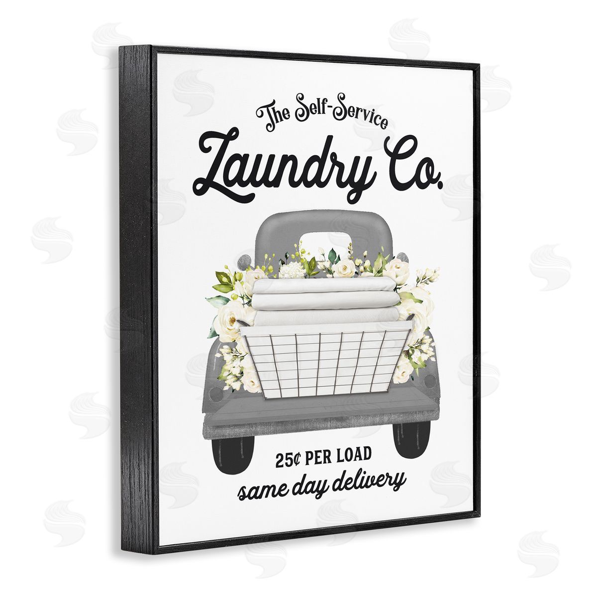 Lettered and Lined Antique Laundry Service Truck White Floral Arrangement  Black Framed Giclee Wall Art Print