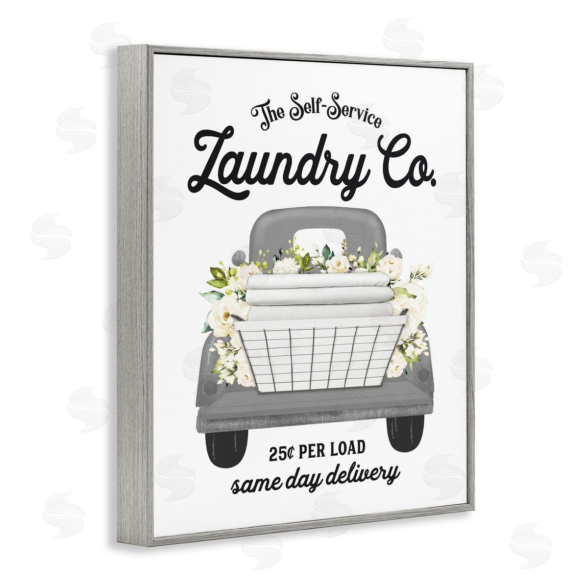 Lettered and Lined Antique Laundry Service Truck White Floral Arrangement  Gray Framed Giclee Wall Art Print