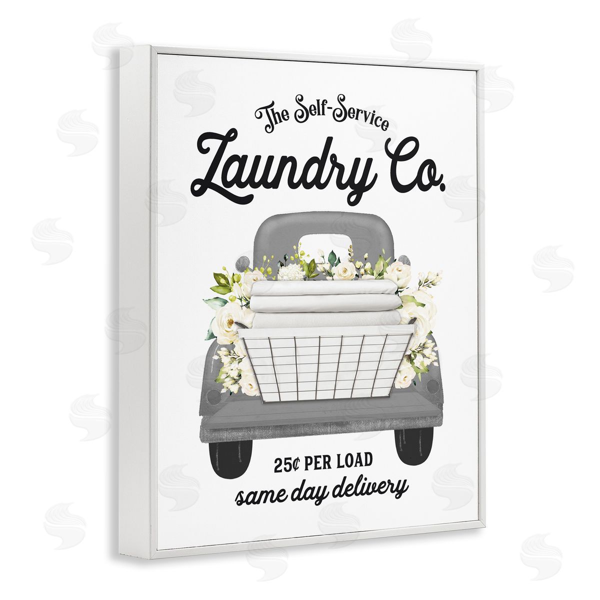 Lettered and Lined Antique Laundry Service Truck White Floral Arrangement  White Framed Giclee Wall Art Print