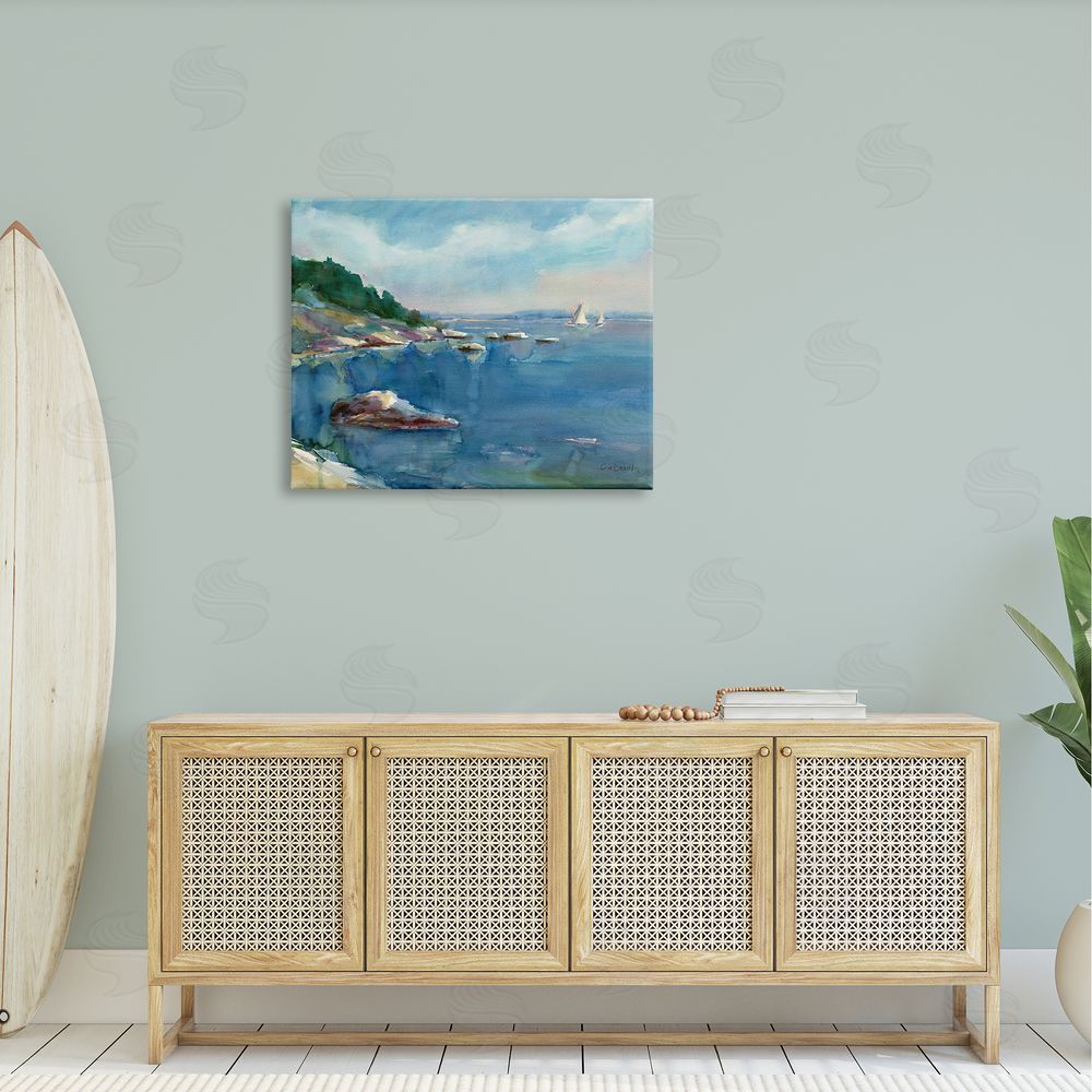 Stephen Calcasola Boats Floating Rocky Beach Cliffs Watercolor Detail Canvas Wall Art Print in Room