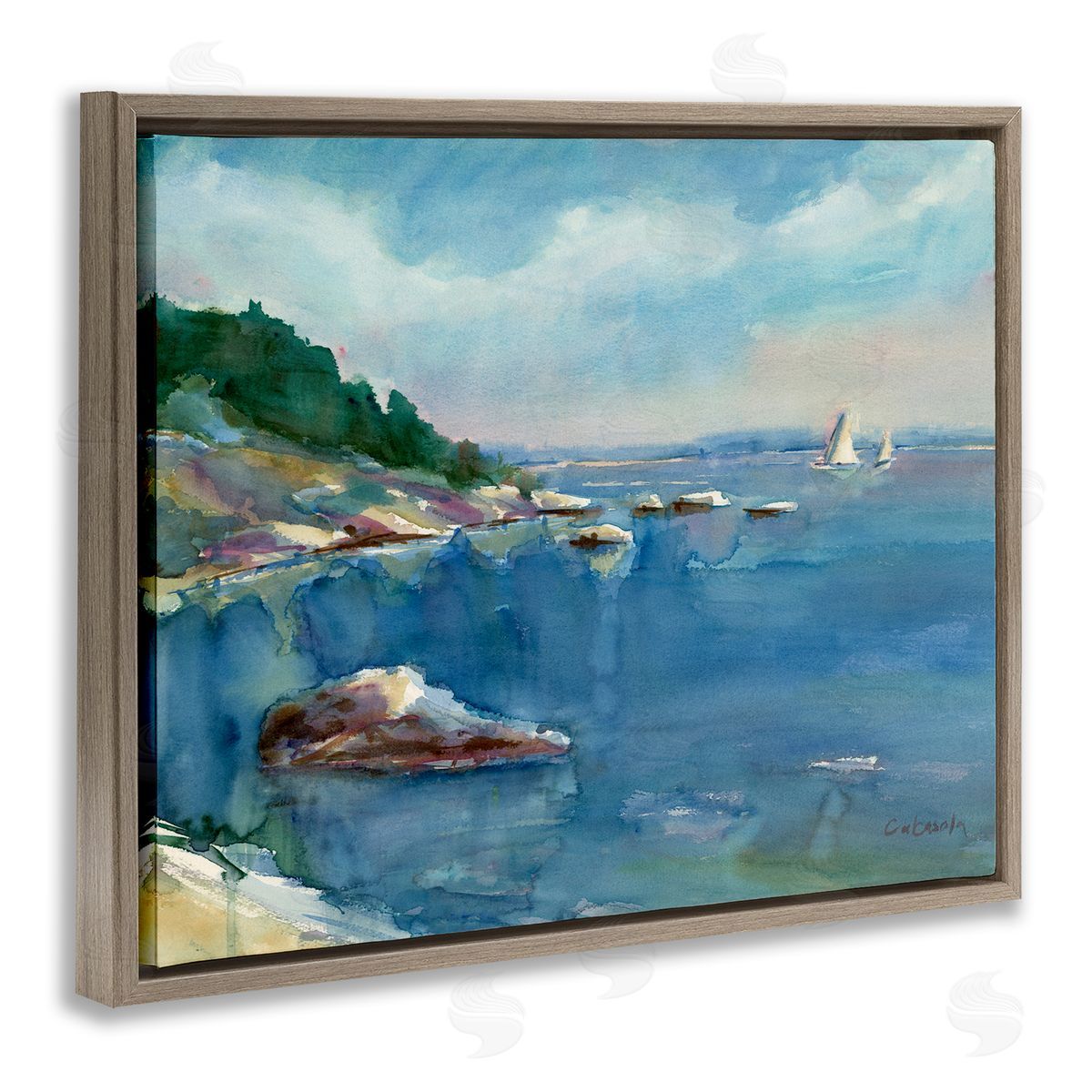 Stephen Calcasola Boats Floating Rocky Beach Cliffs Watercolor Detail Brown Floating Frame Canvas Wall Art Print