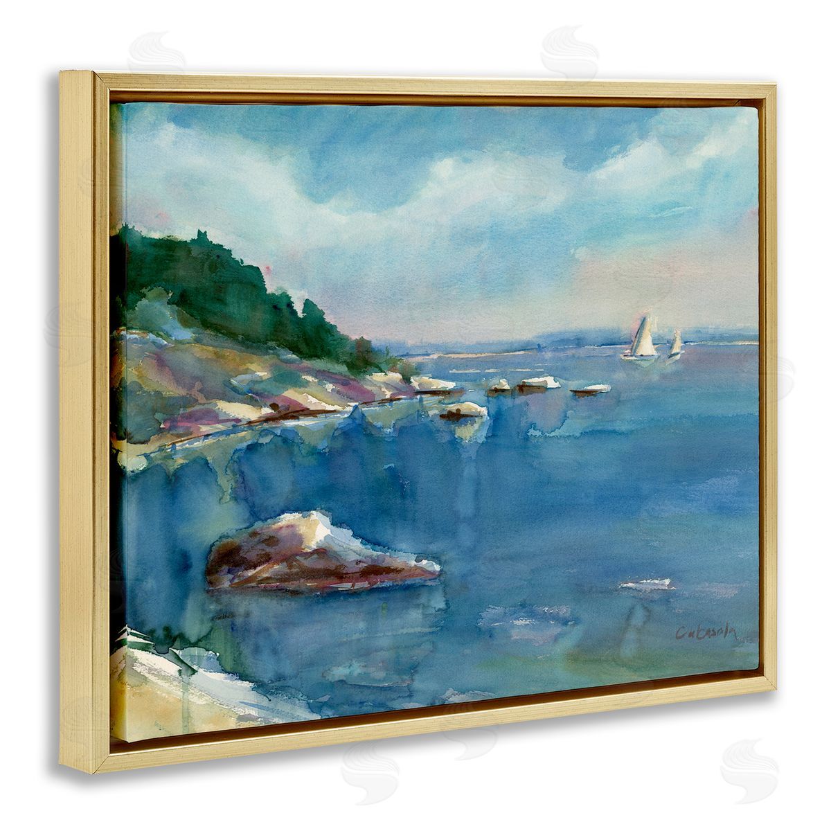 Stephen Calcasola Boats Floating Rocky Beach Cliffs Watercolor Detail Gold Floating Frame Canvas Wall Art Print