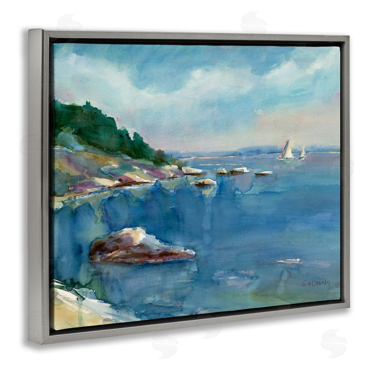 Stephen Calcasola Boats Floating Rocky Beach Cliffs Watercolor Detail Gray Floating Frame Canvas Wall Art Print
