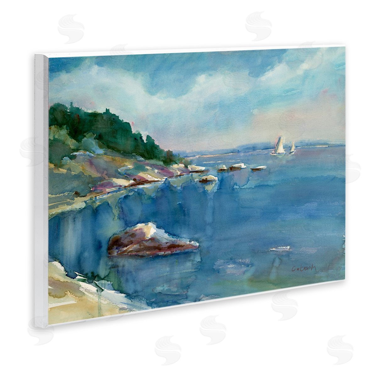 Stephen Calcasola Boats Floating Rocky Beach Cliffs Watercolor Detail Wall Plaque Art Print