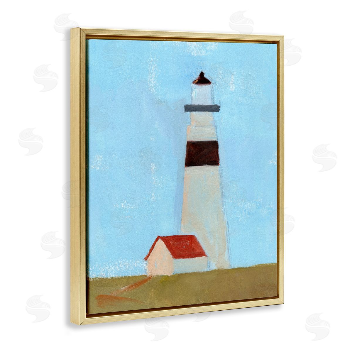 Jacob Green Lighthouse Daytime Blue Sky Rural Grass Scene Gold Floating Frame Canvas Wall Art Print