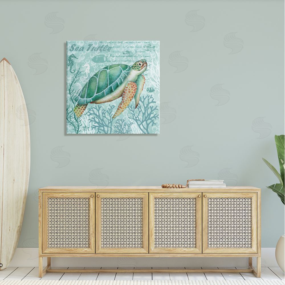 Emma Leach Sea Turtle Detailed Coral Silhouettes Fancy Script Canvas Wall Art in Room