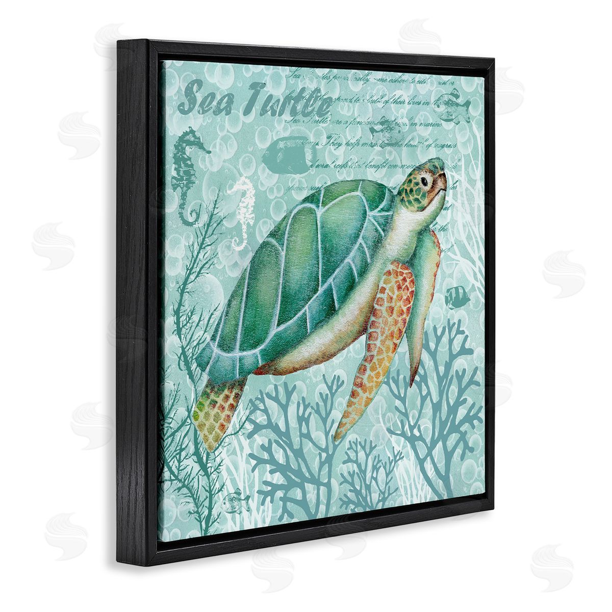 Emma Leach Sea Turtle Detailed Coral Silhouettes Fancy Script Black Floating Frame Canvas Wall Art Print