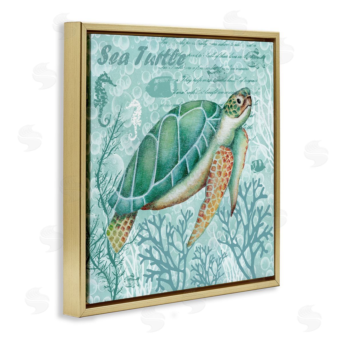 Emma Leach Sea Turtle Detailed Coral Silhouettes Fancy Script Gold Floating Frame Canvas Wall Art Print