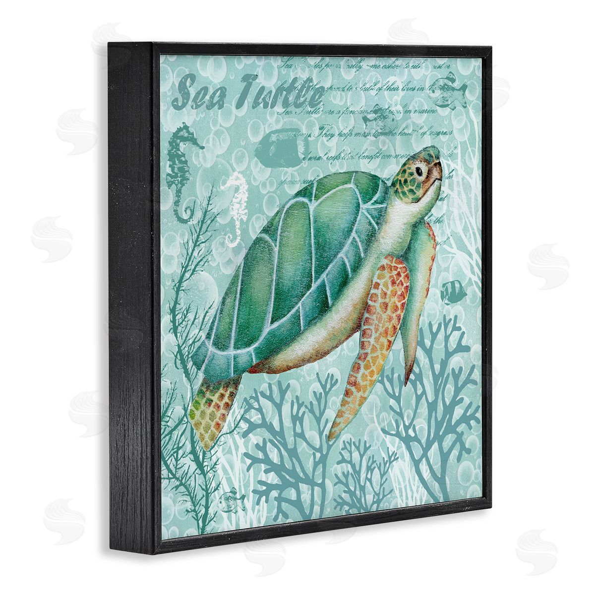 Emma Leach Sea Turtle Detailed Coral Silhouettes Fancy Script Black Framed Glicee Wall Art Print