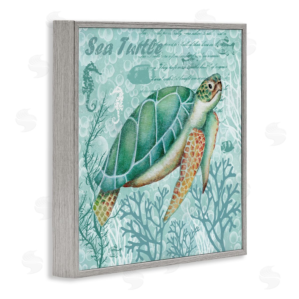 Emma Leach Sea Turtle Detailed Coral Silhouettes Fancy Script Gray Framed Glicee Wall Art Print