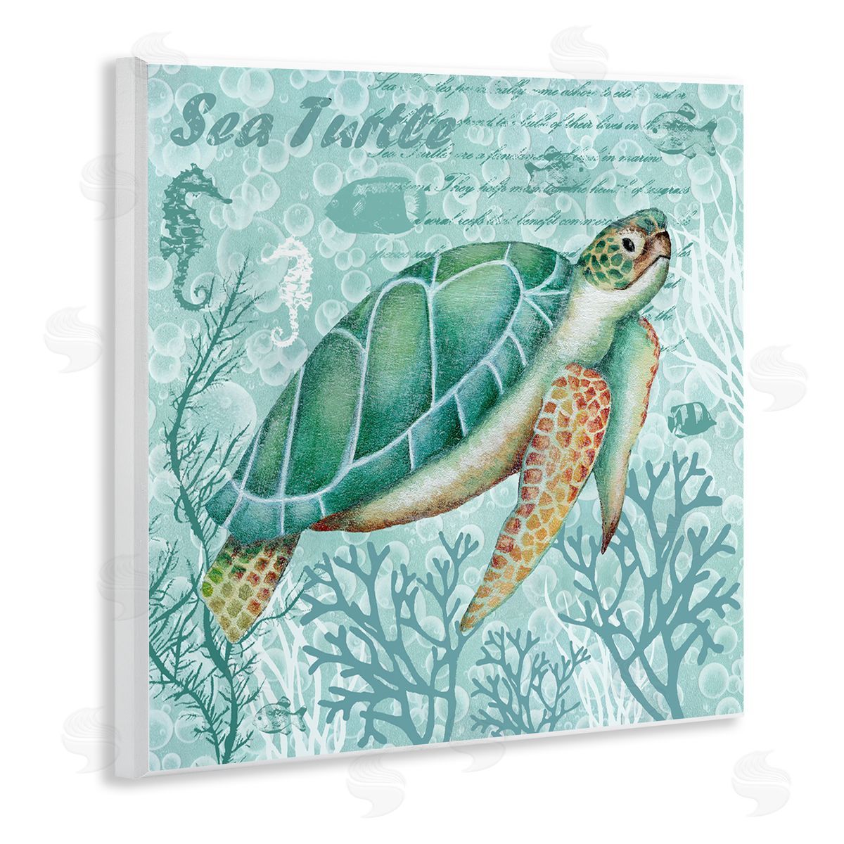 Emma Leach Sea Turtle Detailed Coral Silhouettes Fancy Script Wooden Wall Plaque Art Print