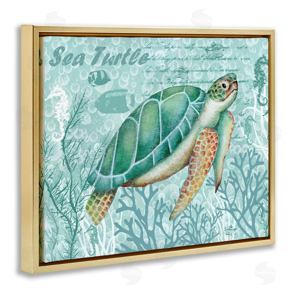 Emma Leach Coral ed Sea Turtle Seahorse Script Calligraphy Gold Floating Frame Canvas Wall Art Print