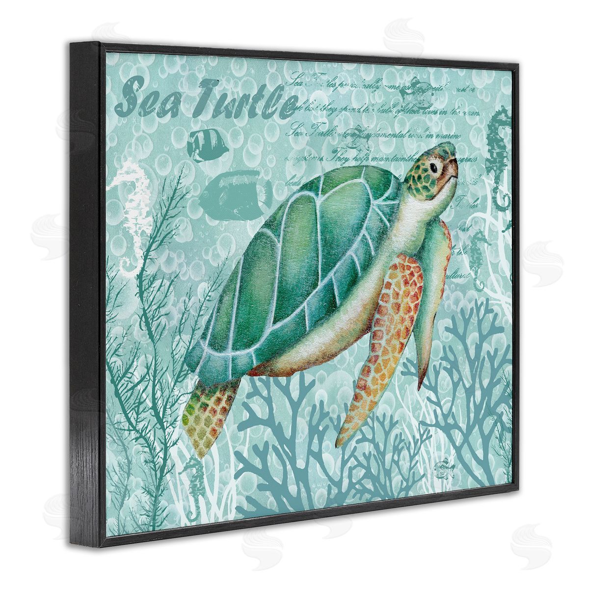 Emma Leach Coral ed Sea Turtle Seahorse Script Calligraphy Black Framed Giclee Wall Art Print