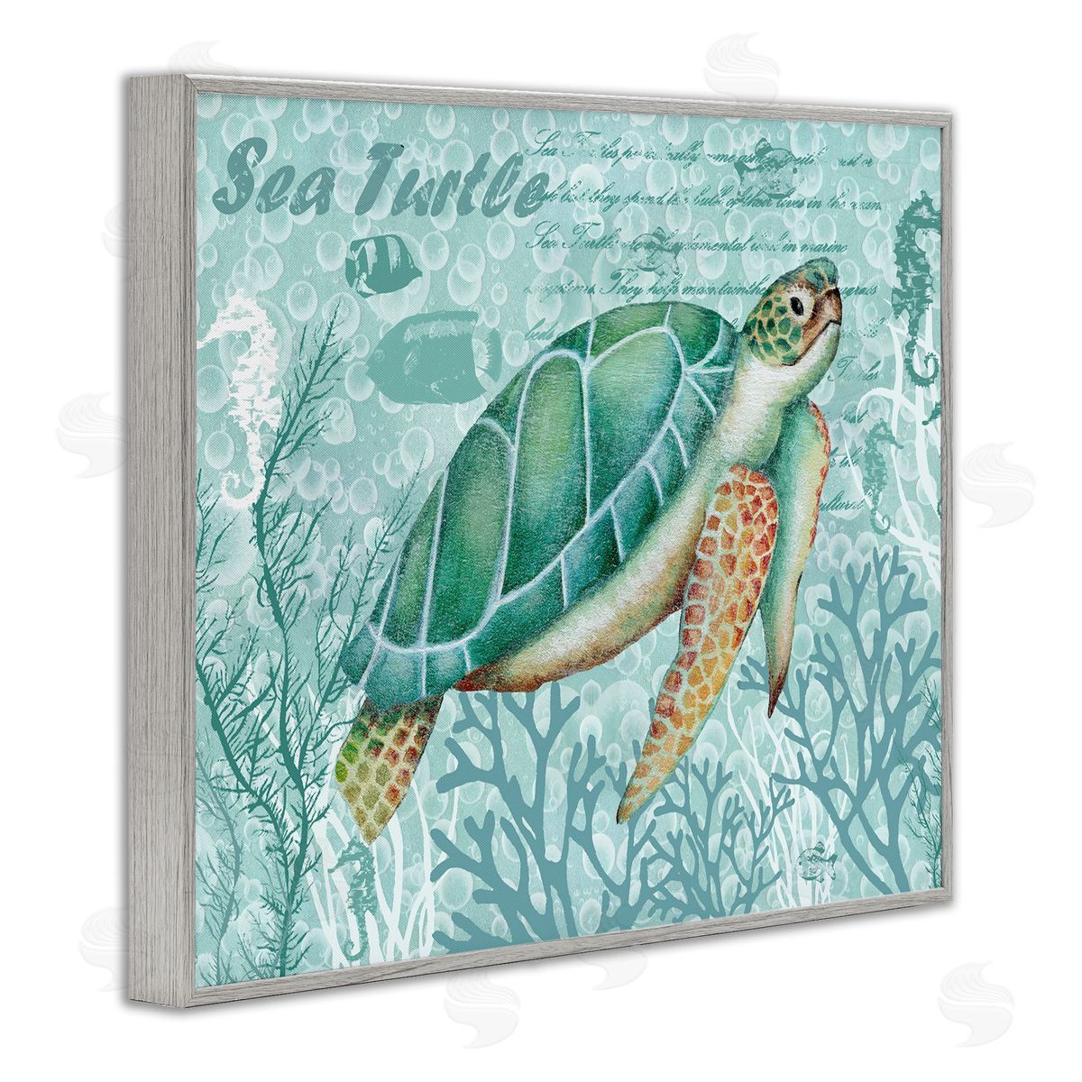 Emma Leach Coral ed Sea Turtle Seahorse Script Calligraphy Gray Framed Giclee Wall Art Print