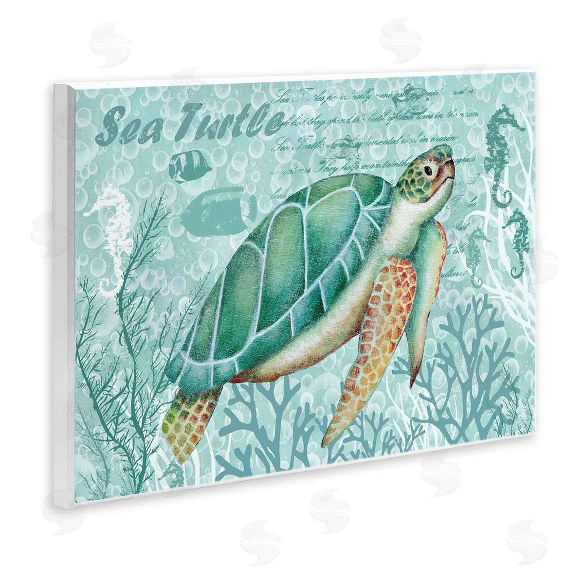 Emma Leach Coral ed Sea Turtle Seahorse Script Calligraphy Wall Plaque Art Print