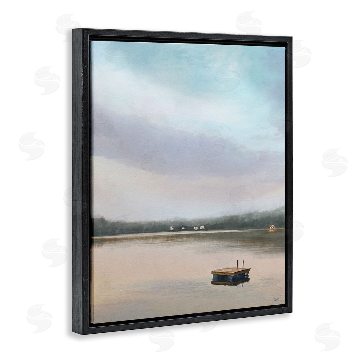 Amy Hall Lone Floating Dock Serene Lake View Pastel Sky  Black Floating Frame Canvas Wall Art Print