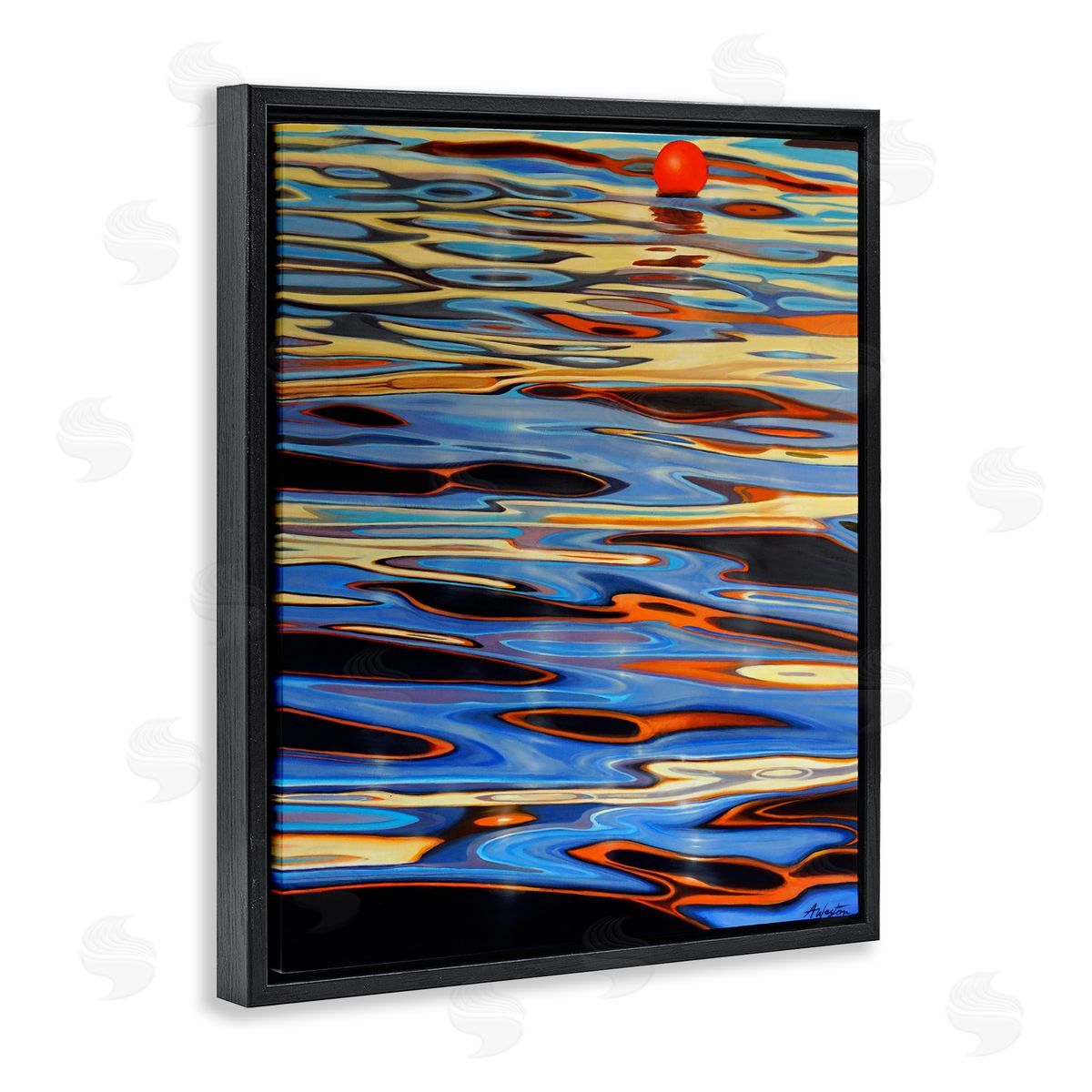 Alan Weston Ball Floating Reflective Water Ripples Vivid Light Black Floating Frame Canvas Wall Art Print