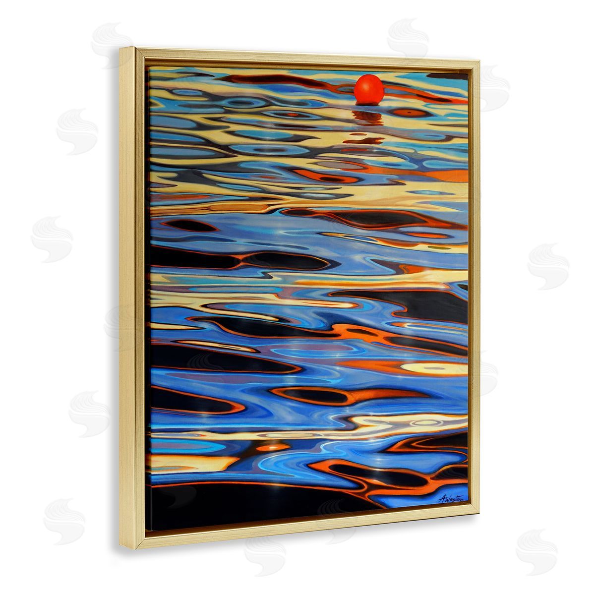 Alan Weston Ball Floating Reflective Water Ripples Vivid Light Gold Floating Frame Canvas Wall Art Print