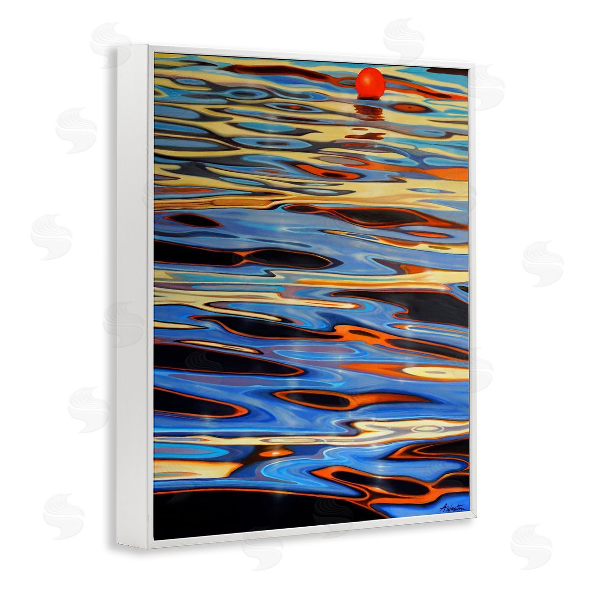 Alan Weston Ball Floating Reflective Water Ripples Vivid Light White Framed Giclee Wall Art Print