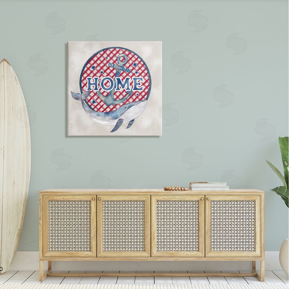 Ziwei Li Checkered Pattern Home Sign Anchor Whale Watercolor Canvas Wall Art in Room