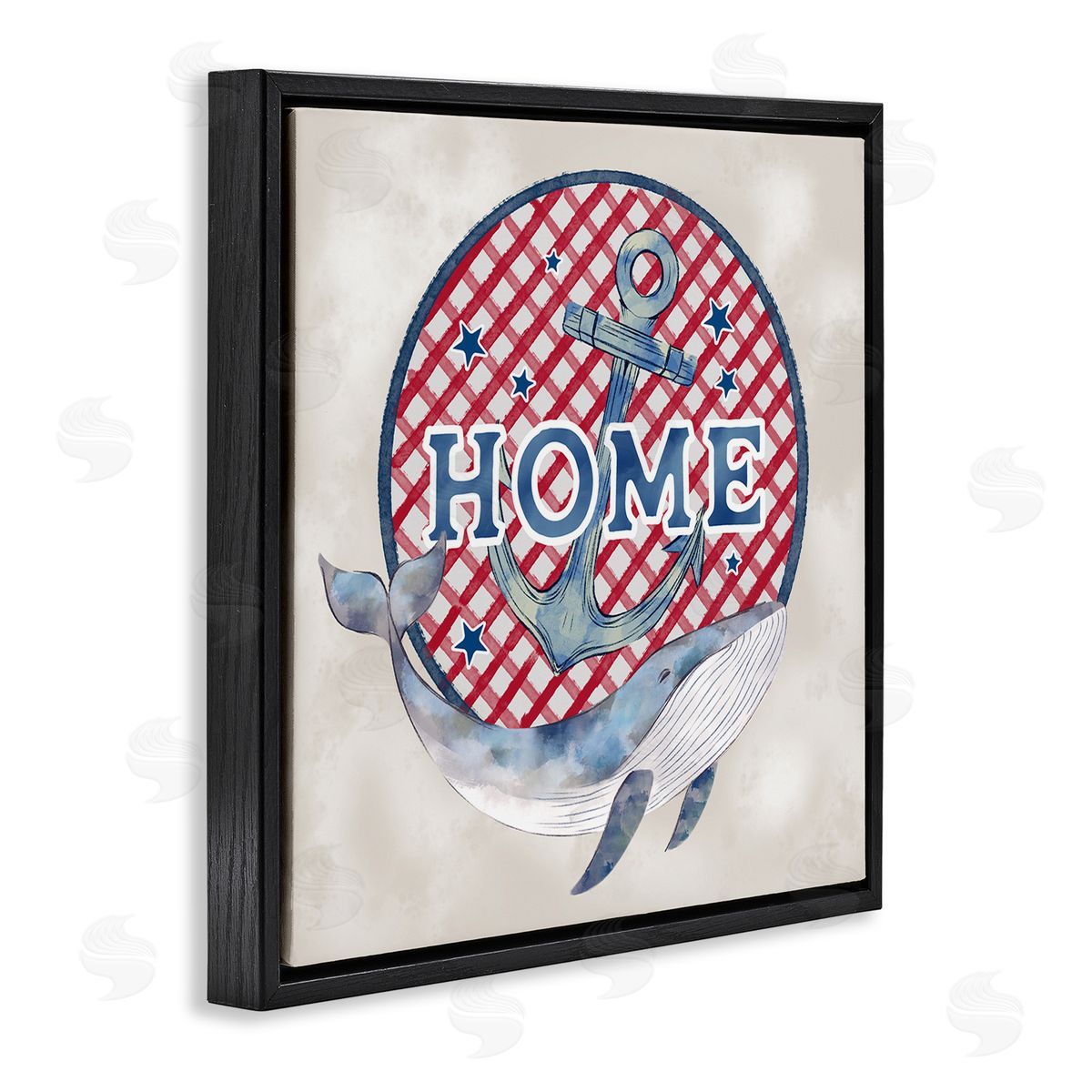 Ziwei Li Checkered Pattern Home Sign Anchor Whale Watercolor Black Floating Frame Canvas Wall Art Print