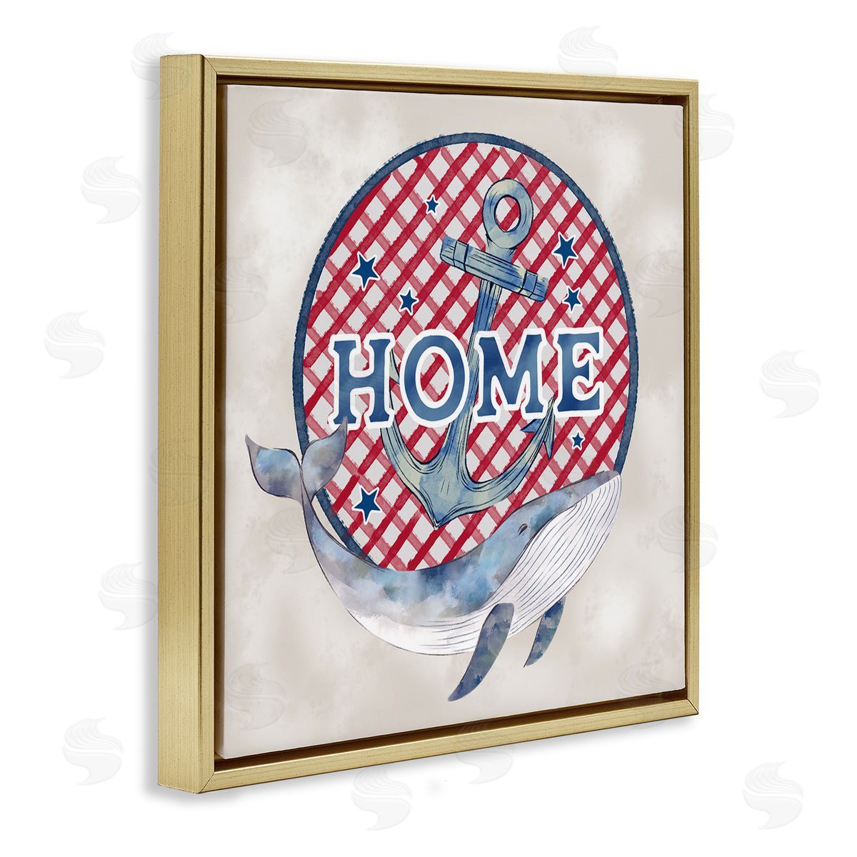 Ziwei Li Checkered Pattern Home Sign Anchor Whale Watercolor Gold Floating Frame Canvas Wall Art Print