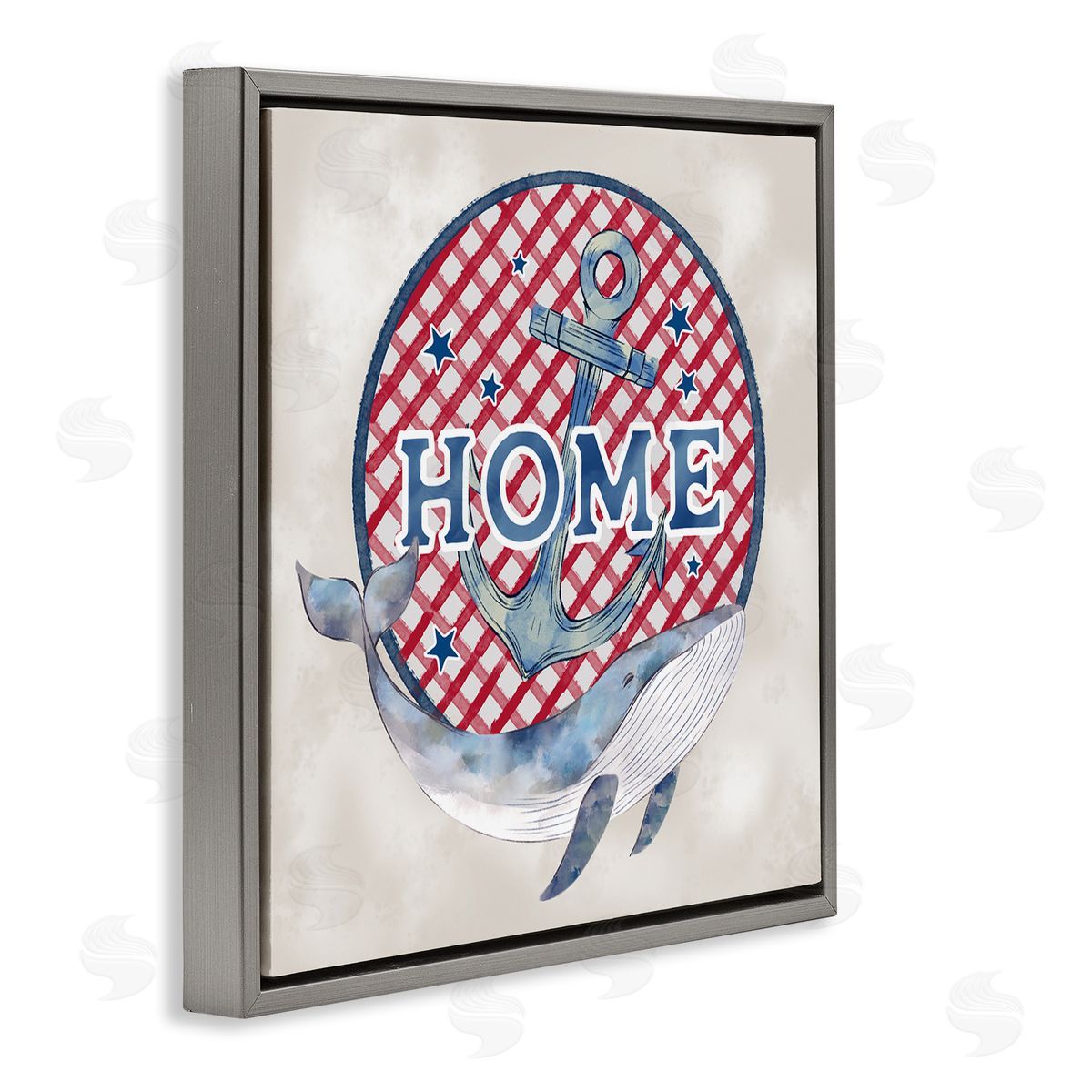 Ziwei Li Checkered Pattern Home Sign Anchor Whale Watercolor Gray Floating Frame Canvas Wall Art Print