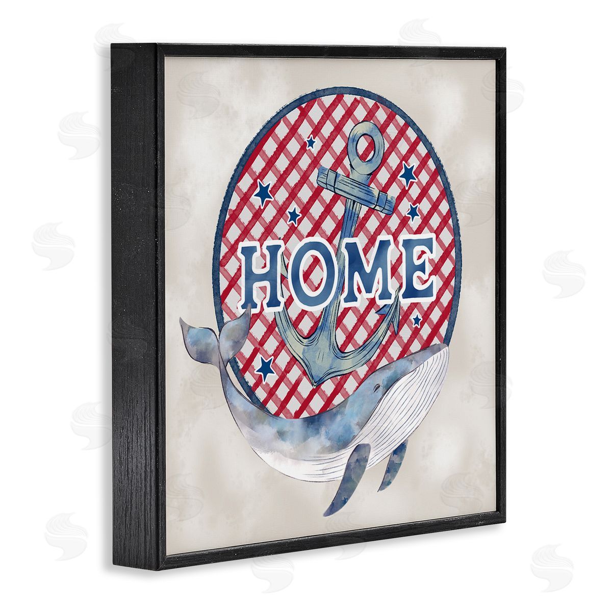 Ziwei Li Checkered Pattern Home Sign Anchor Whale Watercolor Black Framed Glicee Wall Art Print