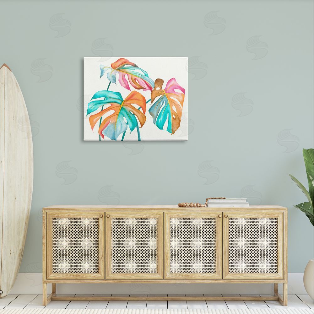 Elvira Errico Varied Rainbow Monstera House Plant Leaves Stems Canvas Wall Art Print in Room