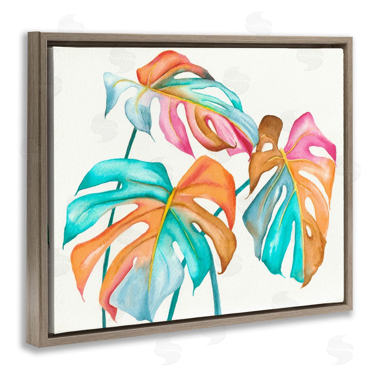 Elvira Errico Varied Rainbow Monstera House Plant Leaves Stems Brown Floating Frame Canvas Wall Art Print