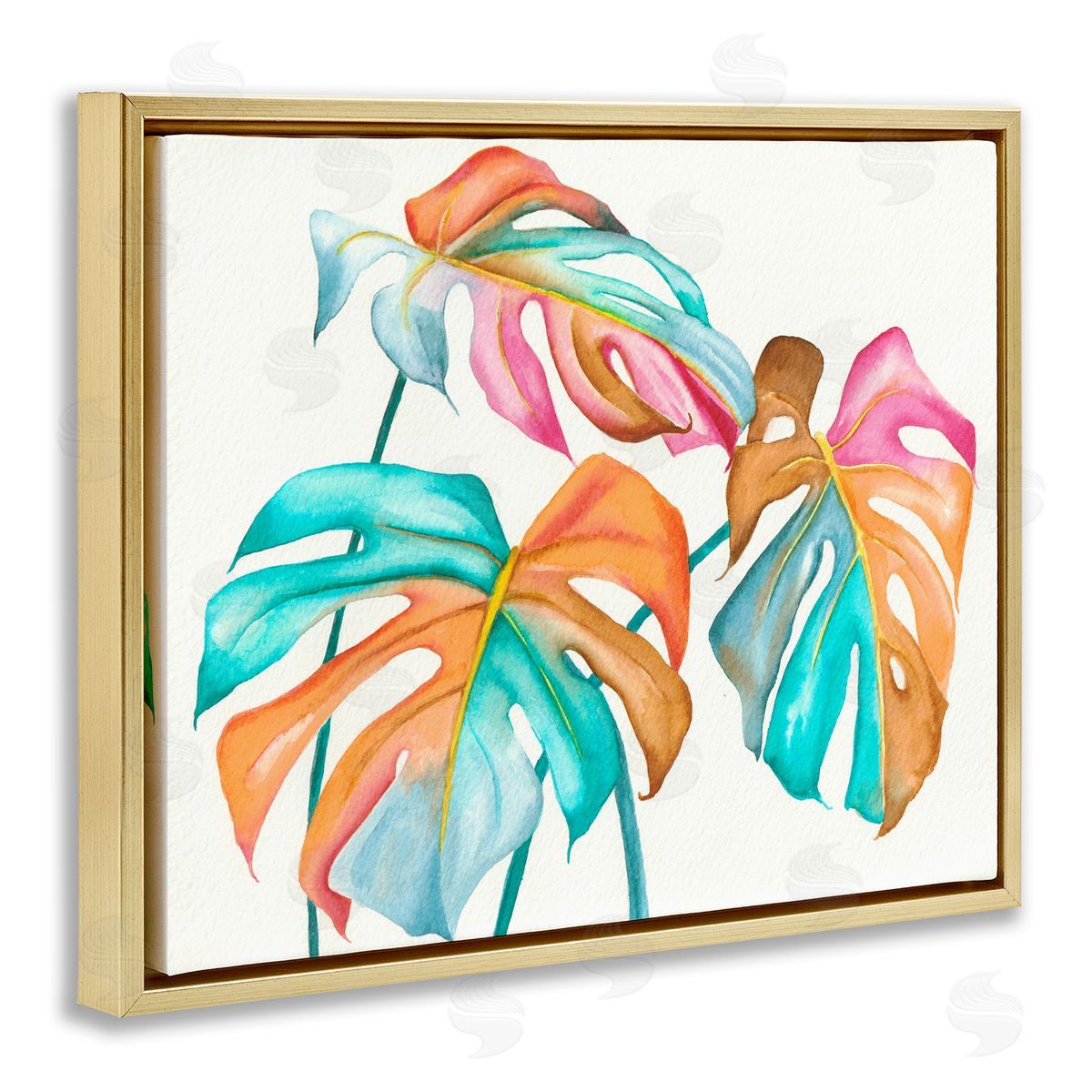 Elvira Errico Varied Rainbow Monstera House Plant Leaves Stems Gold Floating Frame Canvas Wall Art Print