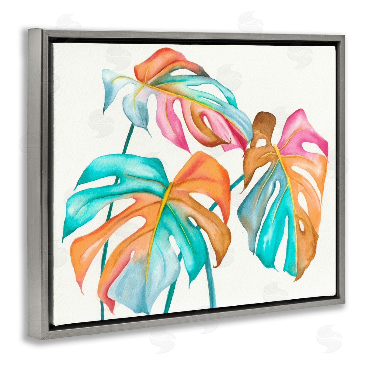 Elvira Errico Varied Rainbow Monstera House Plant Leaves Stems Gray Floating Frame Canvas Wall Art Print