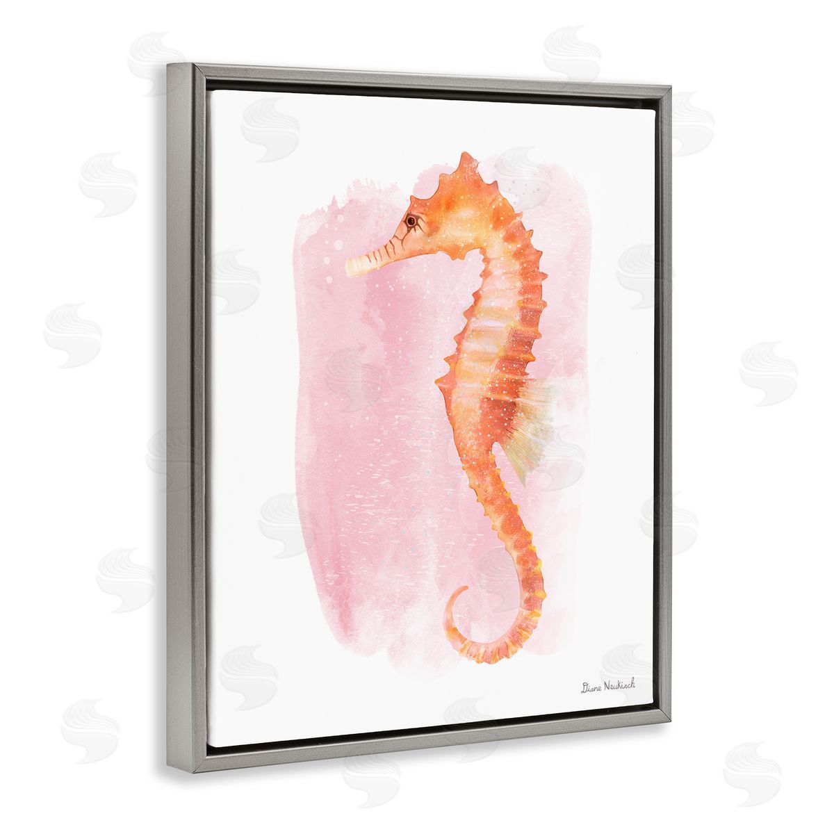 Diane Neukirch Gentle Orange Seahorse Speckled Pink Watercolor Detail Gray Floating Frame Canvas Wall Art Print