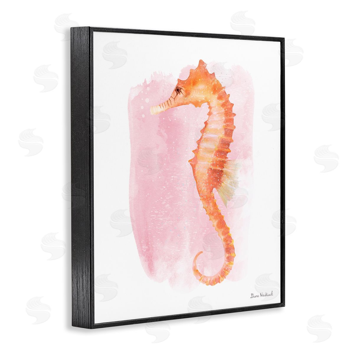 Diane Neukirch Gentle Orange Seahorse Speckled Pink Watercolor Detail Black Framed Giclee Wall Art Print