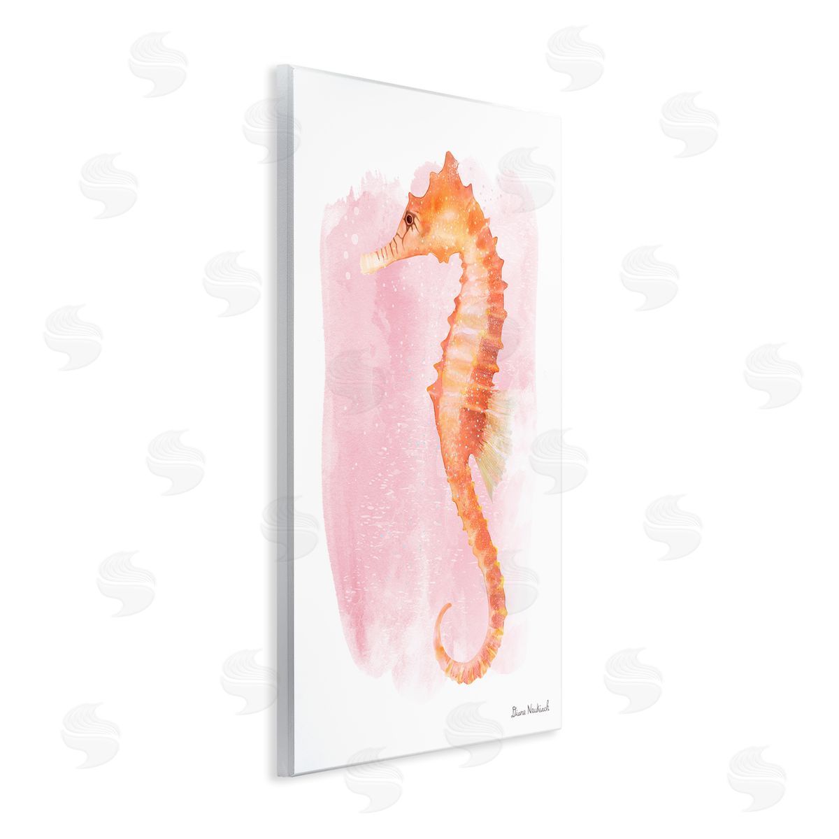 Diane Neukirch Gentle Orange Seahorse Speckled Pink Watercolor Detail Wall Plaque Art Print