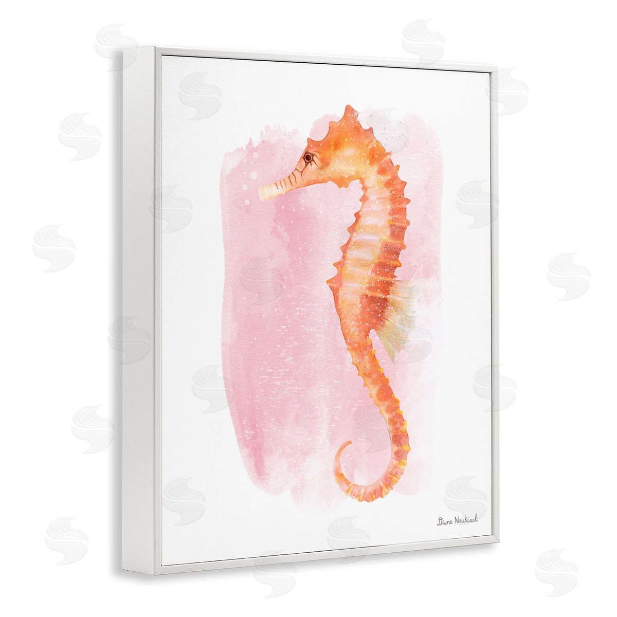 Diane Neukirch Gentle Orange Seahorse Speckled Pink Watercolor Detail White Framed Giclee Wall Art Print